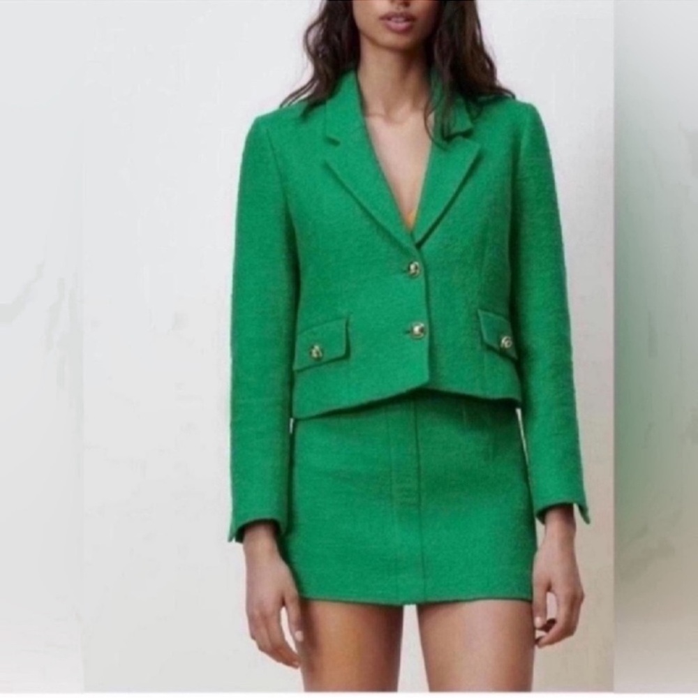 Zara Green Tailored Cropped Jacket and Mini Skirt Set